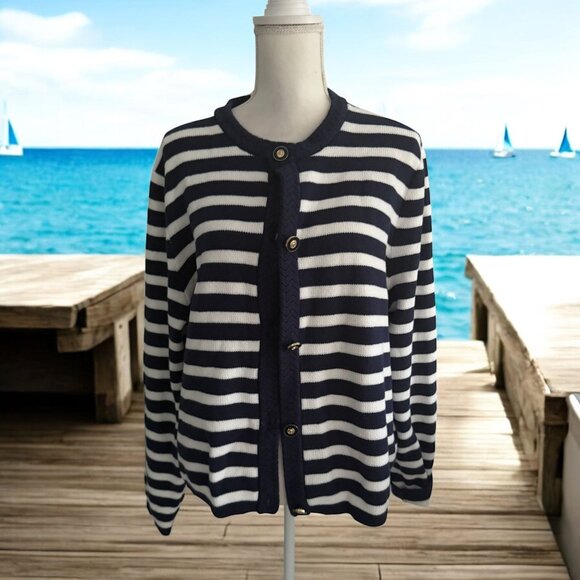 J CREW Knit Navy Blue White Striped Cardigan Size XXL - Picture 1 of 8